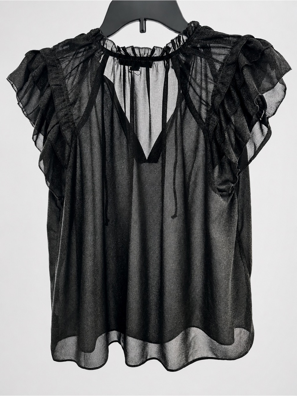 Women’s Black Sheer Ruffle Sleeve Blouse with Gold Shimmer
